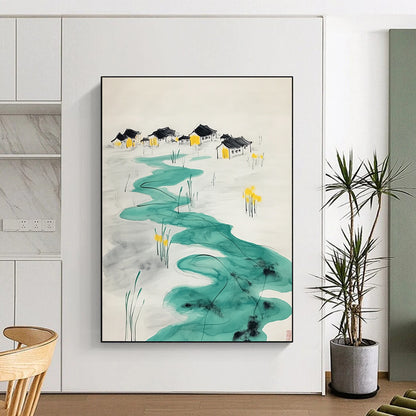 Contemporary hand-painted abstract art features turquoise ripples leading to village houses with yellow figures at an oasis surrounded by serene water lilies. DLZ1565