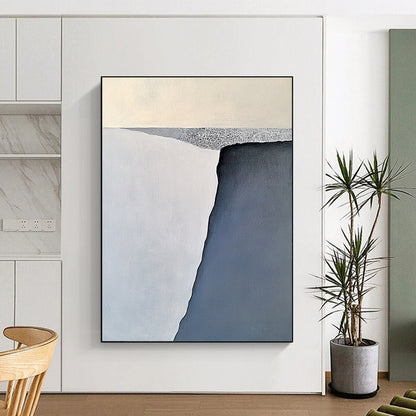 Contemporary large abstract painting features serene gray-blue and white iceberg forms with soft brushstrokes balanced on a flat gray base. DLZ1006