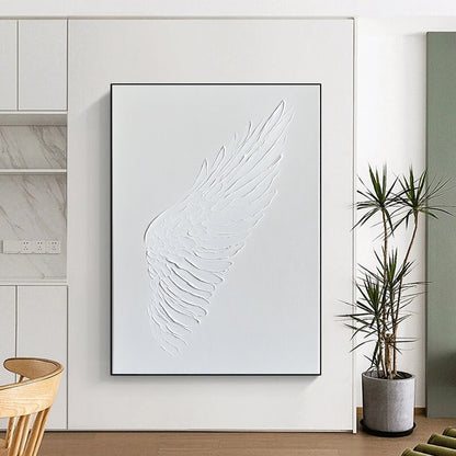 Contemporary abstract art featuring a white wing embossed in acrylic paint on a pristine canvas, showcasing minimalistic elegance and sophistication. DLZ1756