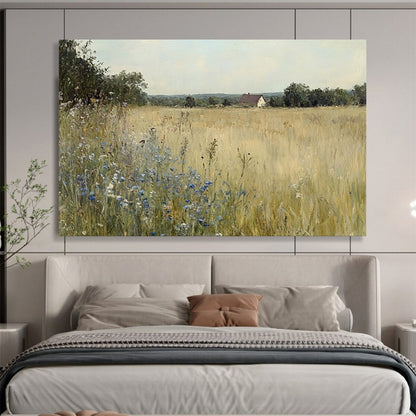 “Rustic Field with Cottage” - Serene field of gold with blue flowers and a distant cottage, Realist Landscape Painting On Canvas HB0544