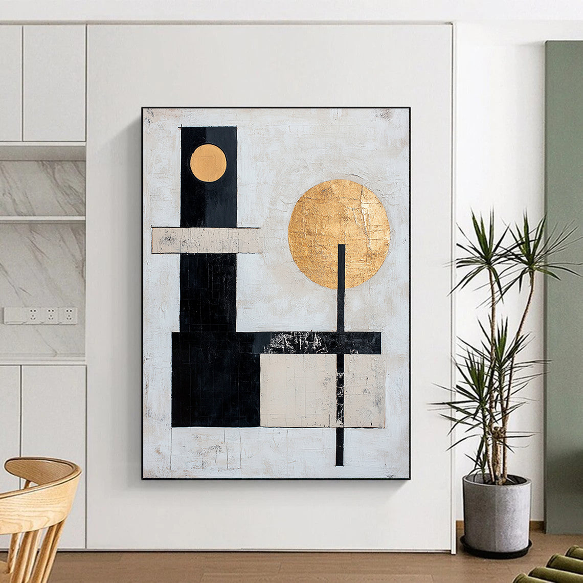 White, Black, Gold with Geometric Circles "Celestial Balance" Abstract Painting On Canvas HB018