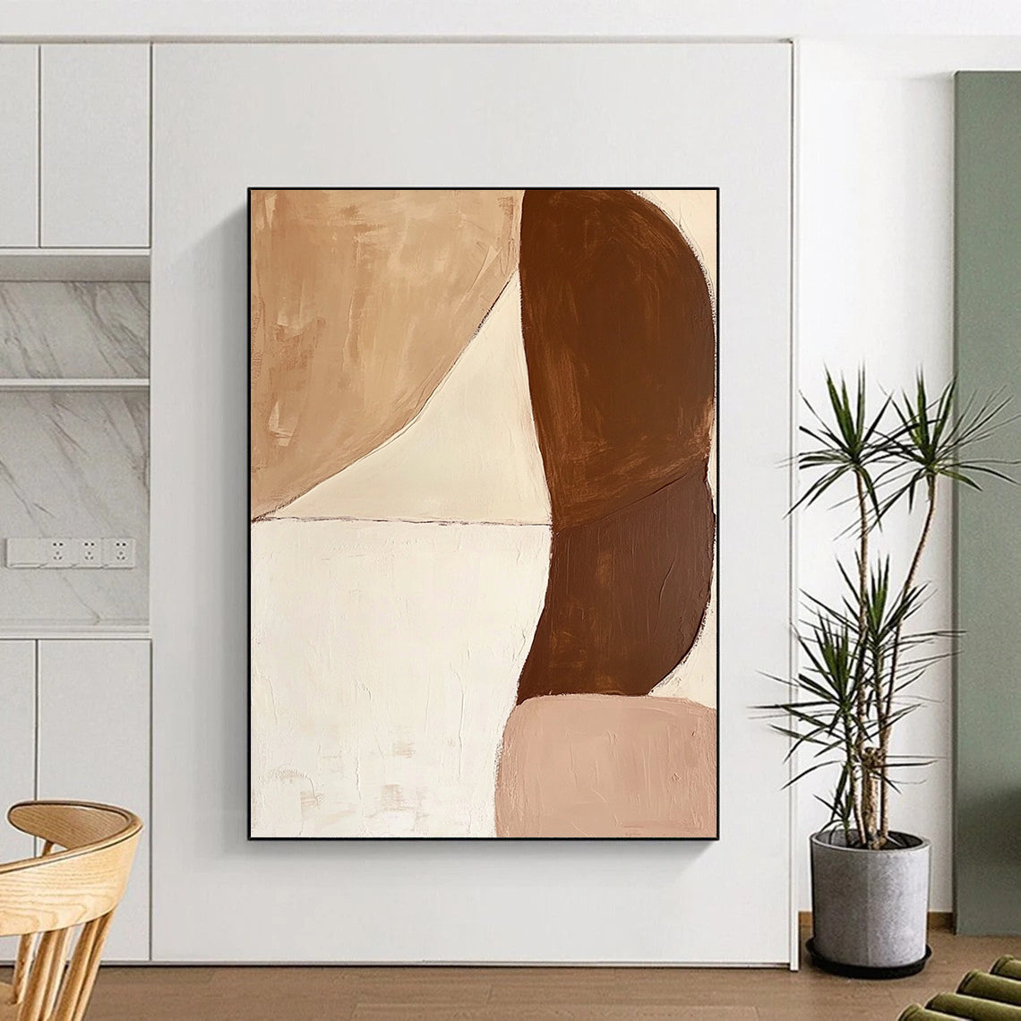 Large contemporary hand-painted abstract art featuring brown and white shapes with contrasting soft curves and bold forms for a dynamic composition. DLZ0639