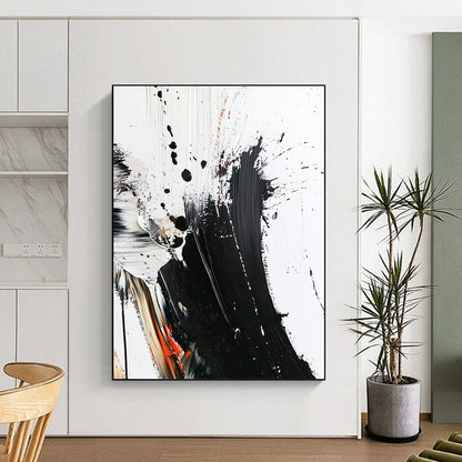 Contemporary abstract painting with bold brush strokes thick texture and striking color splashes on white canvas minimalistic design high contrast art piece. DLZ0312