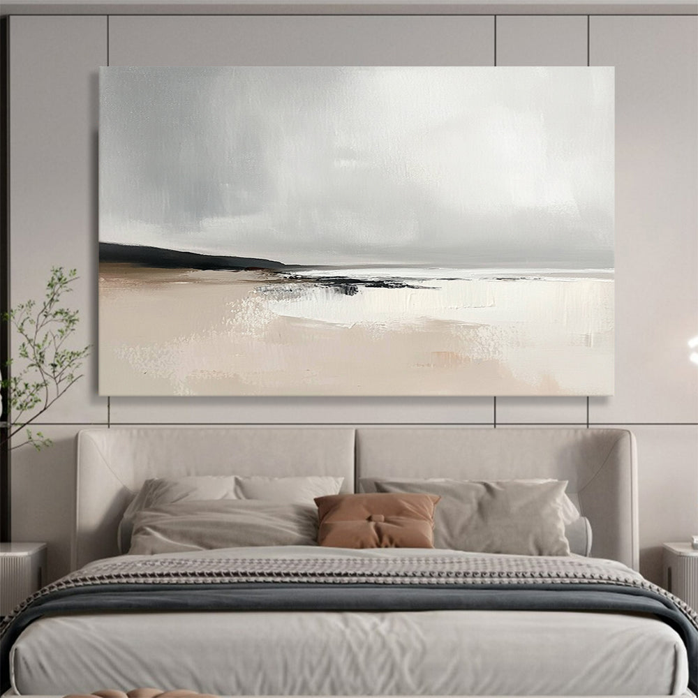 Gray and Beige Abstract Beach Scene - “Misty Shore” Painting On Canvas HB1460