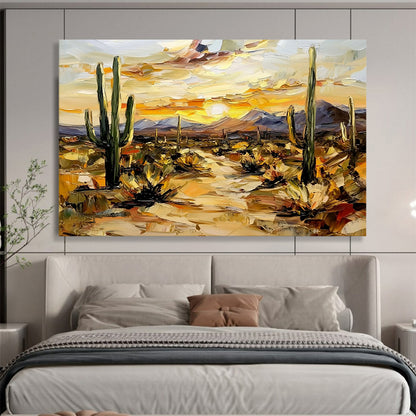 “Desert Sunset with Cacti” - Warm Oranges, Yellows, Greens, Desert Landscape with Cacti - Impasto Oil Painting HB1686