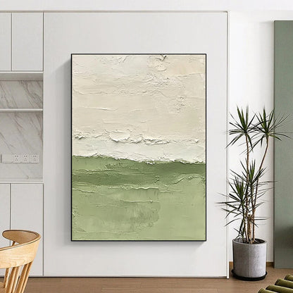 Contemporary abstract painting with vibrant green water soft brushstrokes and minimalist design highlighting fluidity and tranquility on a large canvas. DLZ1416