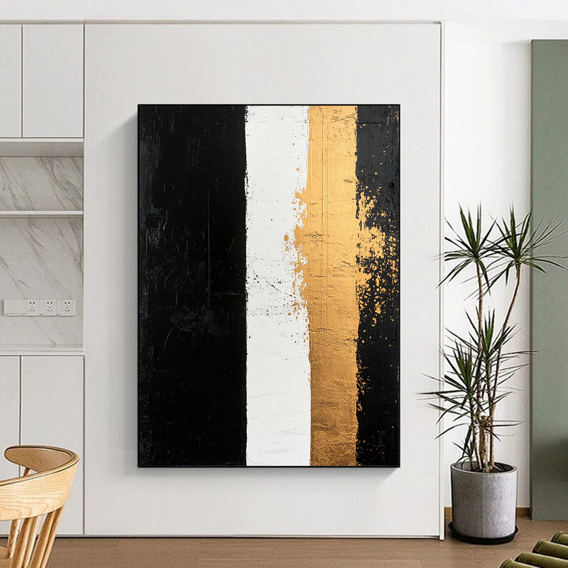 Black, White, Gold, Vertical Stripes "Timeless Contrast" Abstract Painting On Canvas HB038