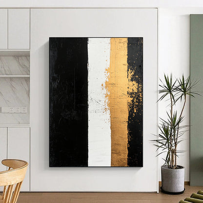 Black, White, Gold, Vertical Stripes "Timeless Contrast" Abstract Painting On Canvas HB038