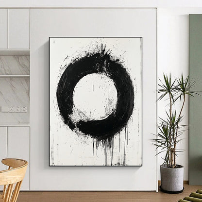 Black, White, Bold Circular Stroke "Zen Enso" Abstract Minimalist Painting On Canvas HB044