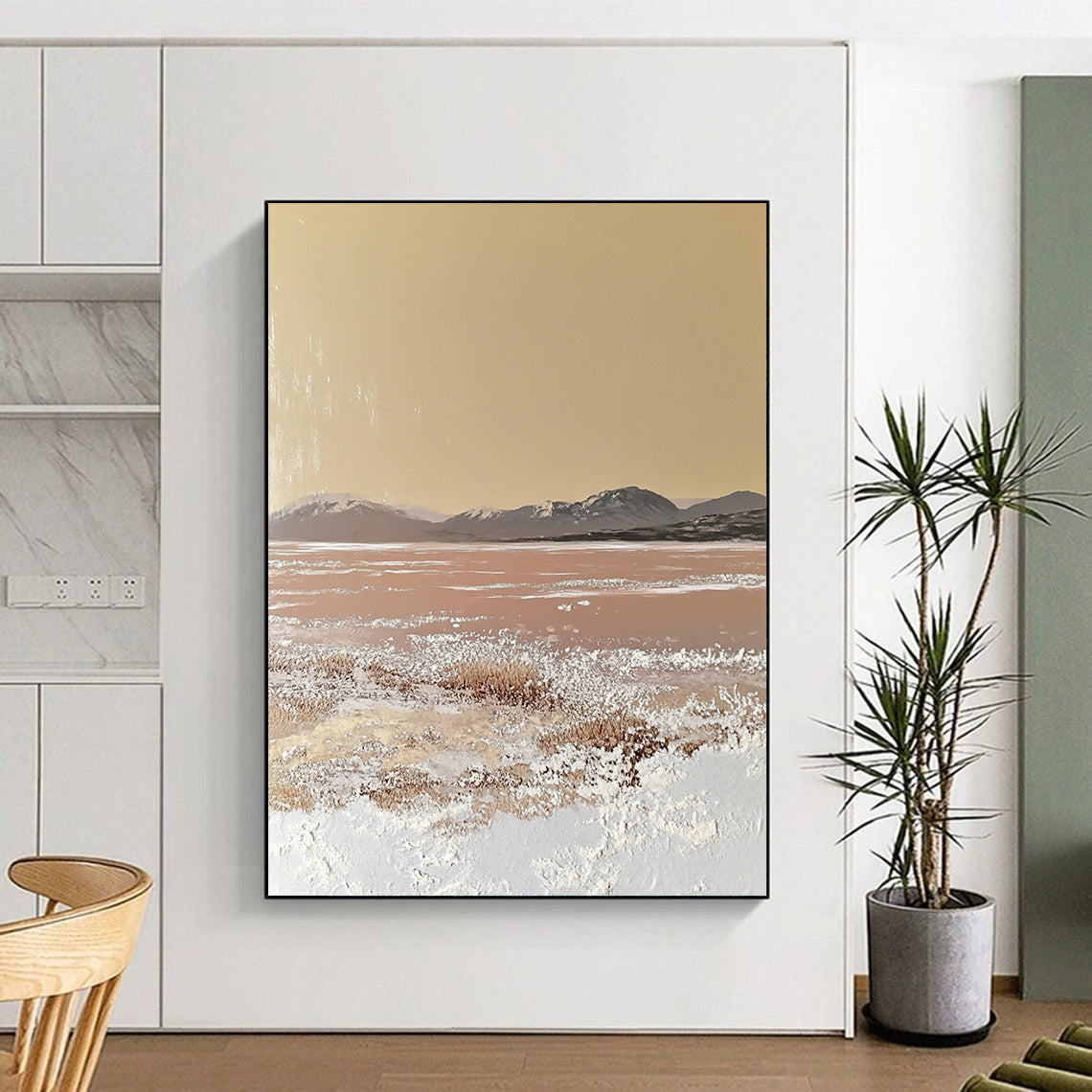 Contemporary hand-painted abstract artwork featuring a textured beige canvas with soft edges and gentle color transitions, inspired by a vast desert landscape. DLZ1487