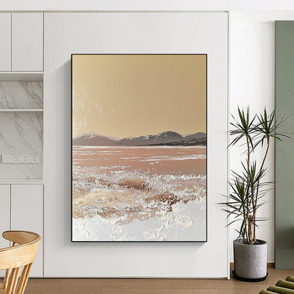 Contemporary hand-painted abstract artwork featuring a textured beige canvas with soft edges and gentle color transitions, inspired by a vast desert landscape. DLZ1487