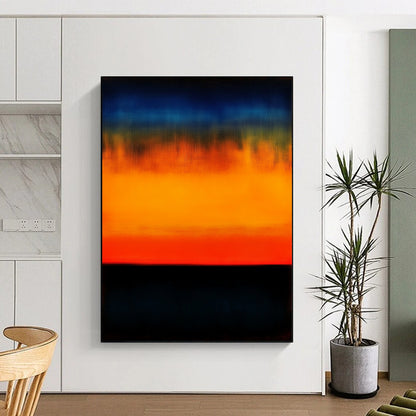 Contemporary hand-painted abstract art showcasing an orange and blue gradient sunset over the ocean with low contrast and dark colors for a blurred effect. DLZ0538