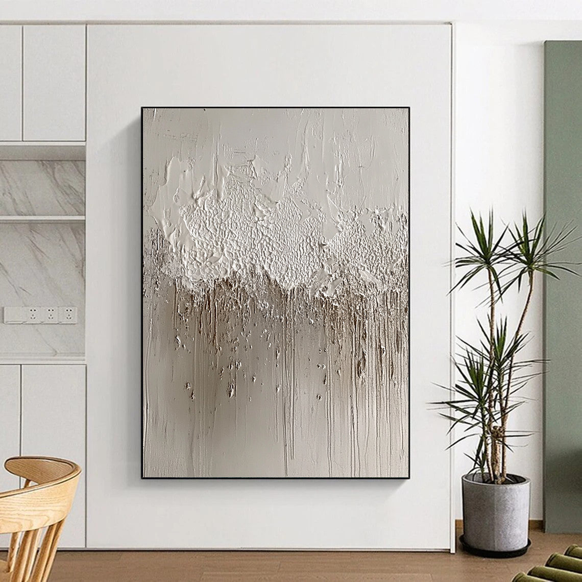 Contemporary abstract artwork featuring textured silver foil layers and intricate gray patterns resembling water droplets, inspired by Chinese ink paintings and concrete art. DLZ1516