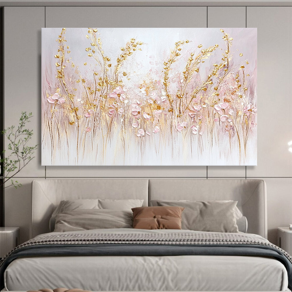 “Elegant Blush & Gold Meadows” - Pink, Gold, White, Delicate Wildflower Fields Painting On Canvas HB1017