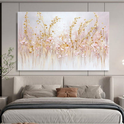 “Elegant Blush & Gold Meadows” - Pink, Gold, White, Delicate Wildflower Fields Painting On Canvas HB1017