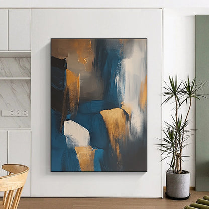 Contemporary abstract art depicting the Irish coast featuring dark blue and gold tones with expressive brush strokes and muted colors. DLZ1002