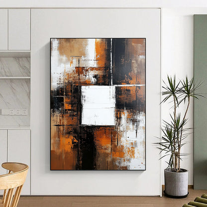 Contemporary hand-painted abstract artwork features a brown and white background with color blocks, a central white square, dark orange accents, and neutral tones. DLZ0701
