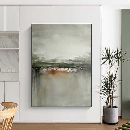 Large contemporary hand-painted abstract art featuring neutral tones grays and sage green with distressed edges on canvas. DLZ0439