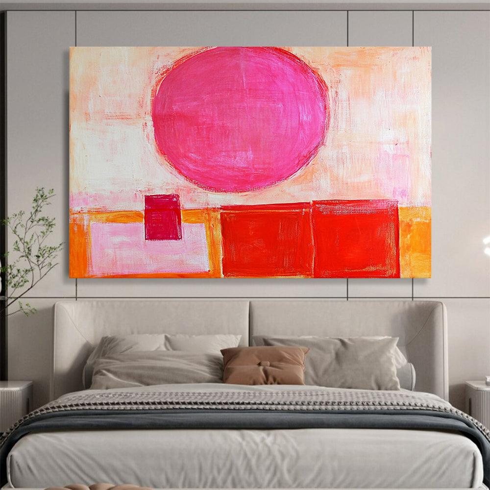 “Pink Sphere & Reds” - Bold pink, warm reds, soft oranges, whites; Geometric sphere and blocks; Modern Abstract Painting On Canvas HB1155
