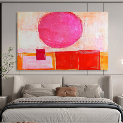 “Pink Sphere & Reds” - Bold pink, warm reds, soft oranges, whites; Geometric sphere and blocks; Modern Abstract Painting On Canvas HB1155