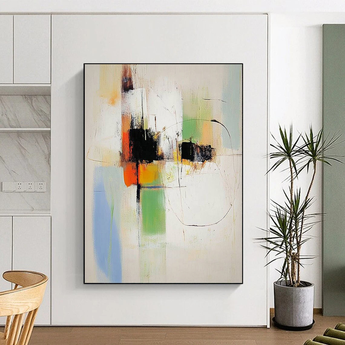 Contemporary abstract painting featuring bold colors and dynamic shapes designed to enhance modern spaces with artistic elegance. DLZ1777
