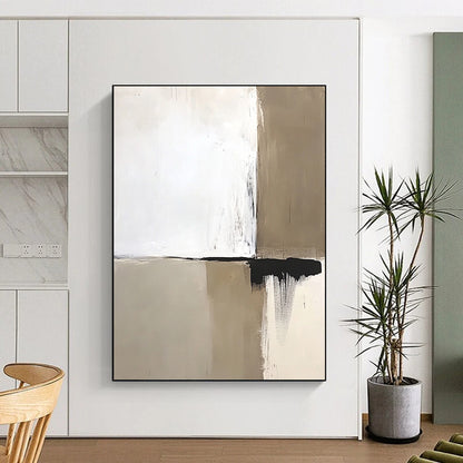 Contemporary abstract artwork featuring neutral white and beige tones accented by bold black brushstrokes simple shapes and clean lines. DLZ1604