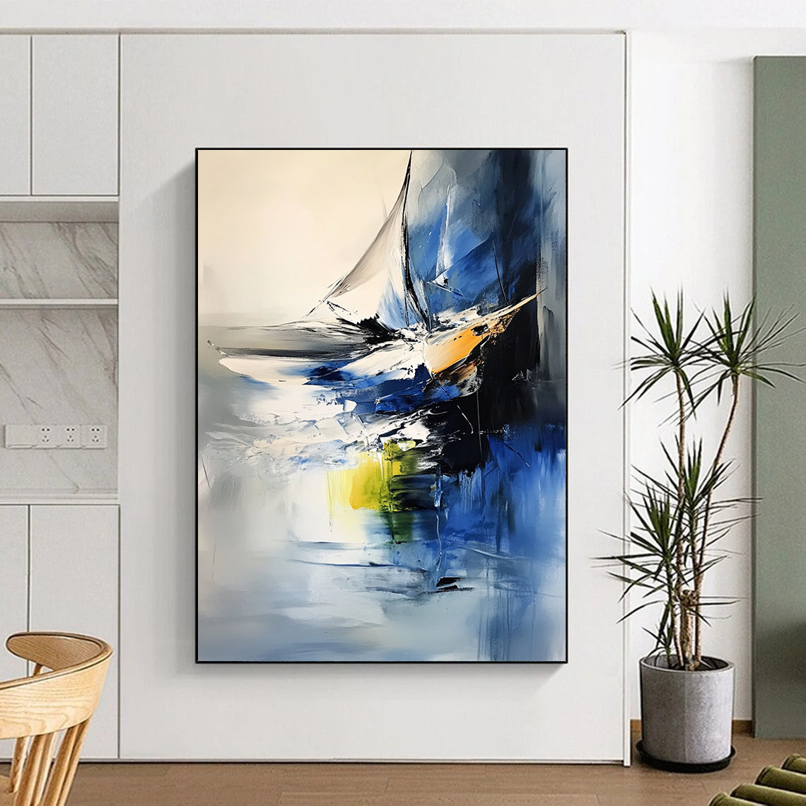 Contemporary abstract art featuring oil and water textures with vibrant color contrasts and a minimalist sailboat in an expressionist sea composition. DLZ0956