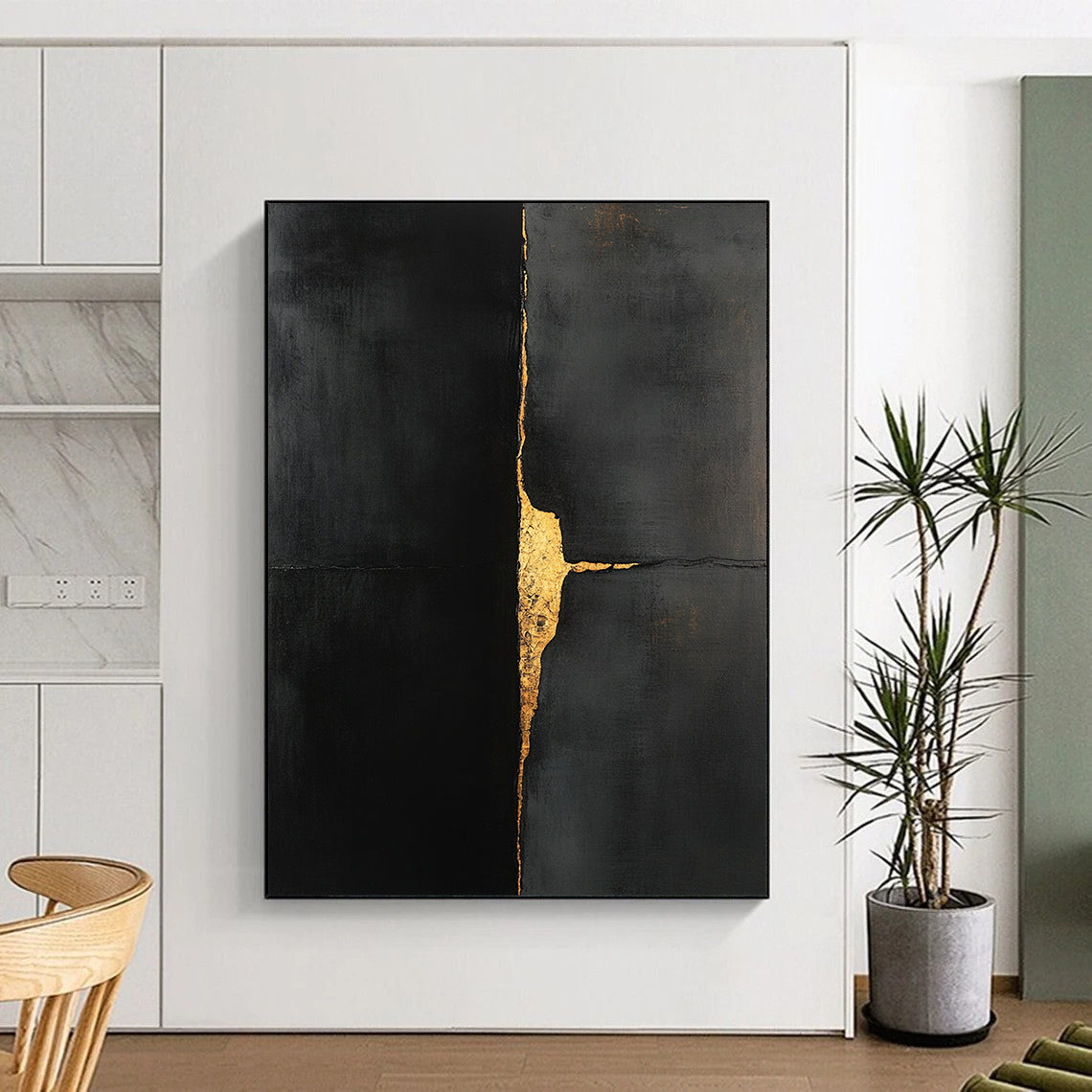 Black, Gold, Cracked Surface "Golden Fissure" Abstract Expressionist Painting On Canvas HB115