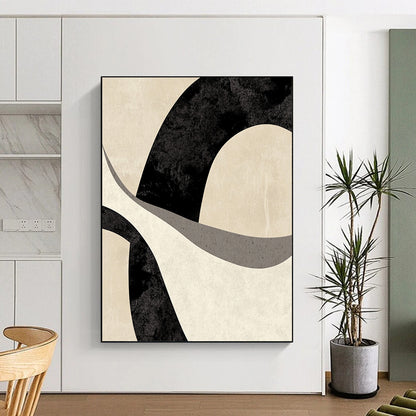 Contemporary abstract art featuring a fluid black and white "F" design on a beige background, evoking movement and a dreamy atmosphere. DLZ1221