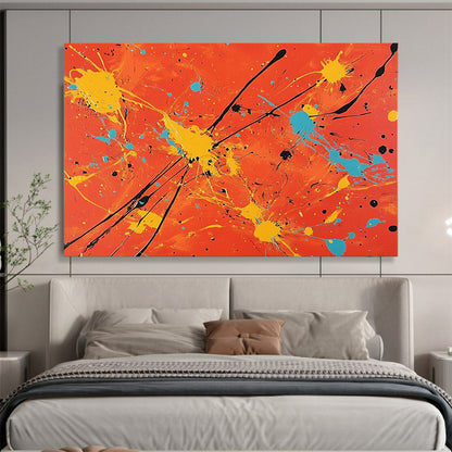 “Colorful Splatter On Orange” - Orange, Yellow, Blue, Black, Abstract Expressionist Painting On Canvas HB0683