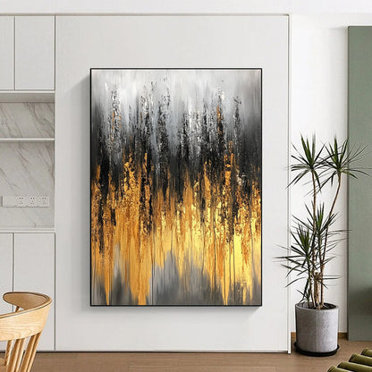 Large contemporary abstract painting featuring gray and gold tones with textured brushstrokes and delicate light effects on a soft background. DLZ0746