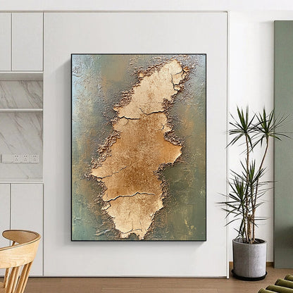 Contemporary abstract painting features two stacked cracked brown earth plains on an olive green background created with textured oil paint. DLZ0651