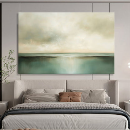 “Soft Green Horizon” - Green, Beige, Calm Sky and Water Painting On Canvas HB0930