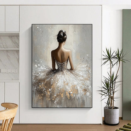 Contemporary abstract painting featuring a graceful ballerina in a shimmering dress with a soft grey background and ethereal romantic lighting. DLZ1663