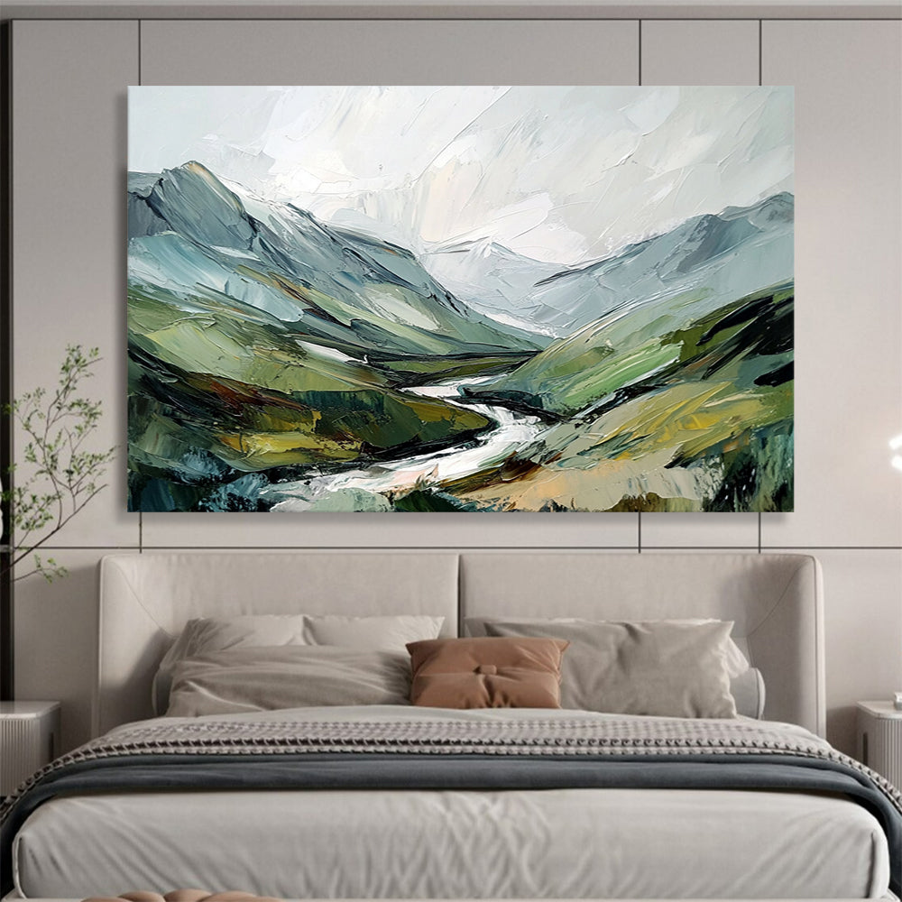 “Textured Mountain Valley” - Green, Blue, Gray, Layered Alpine Landscape Painting On Canvas HB1028