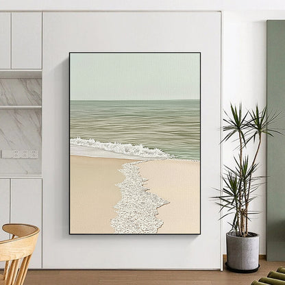 Contemporary abstract painting showcases a detailed watercolor seascape with a sandy edge in soothing beige and light green tones. DLZ1444