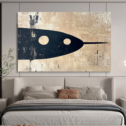 “Black Fish on Beige” - Black, beige, fish silhouette, Minimalist Mixed - Media Painting HB0616