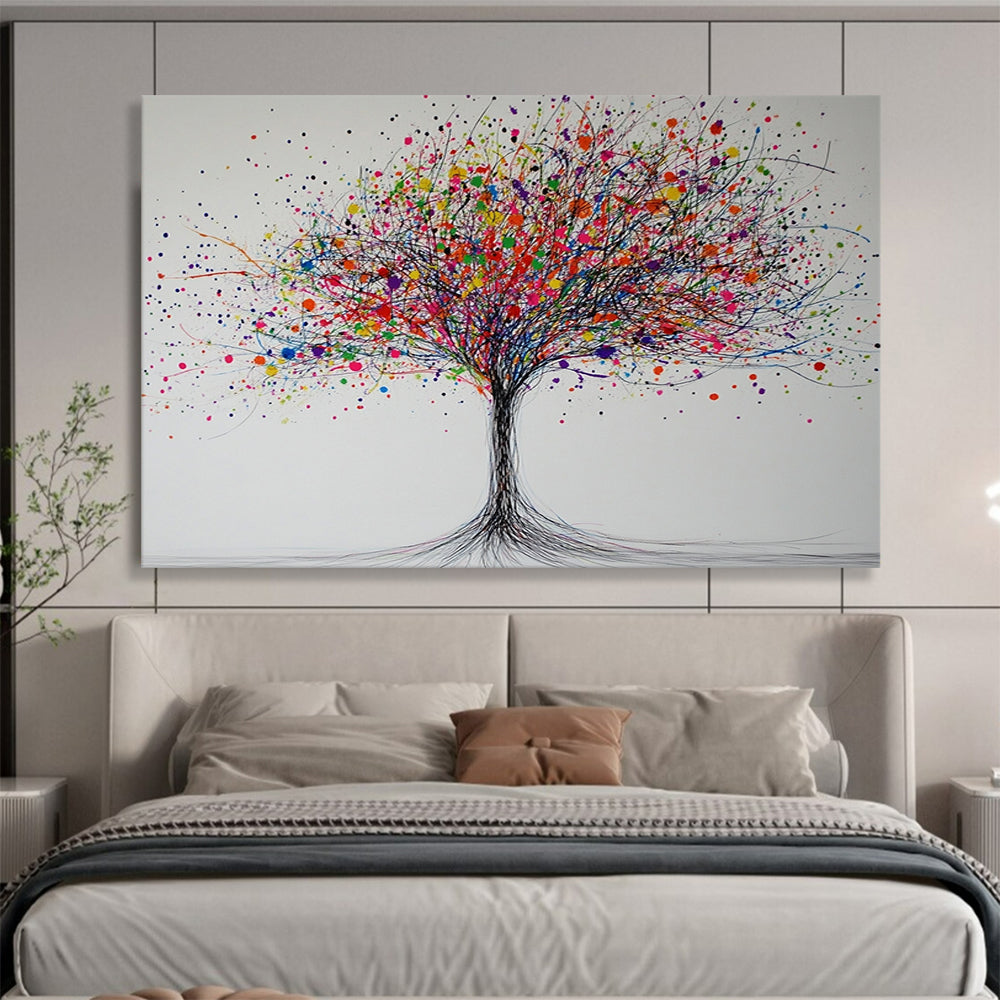 “Color Burst Tree” - Black branches, rainbow splatters, whimsical tree, Abstract Tree Painting On Canvas HB0588