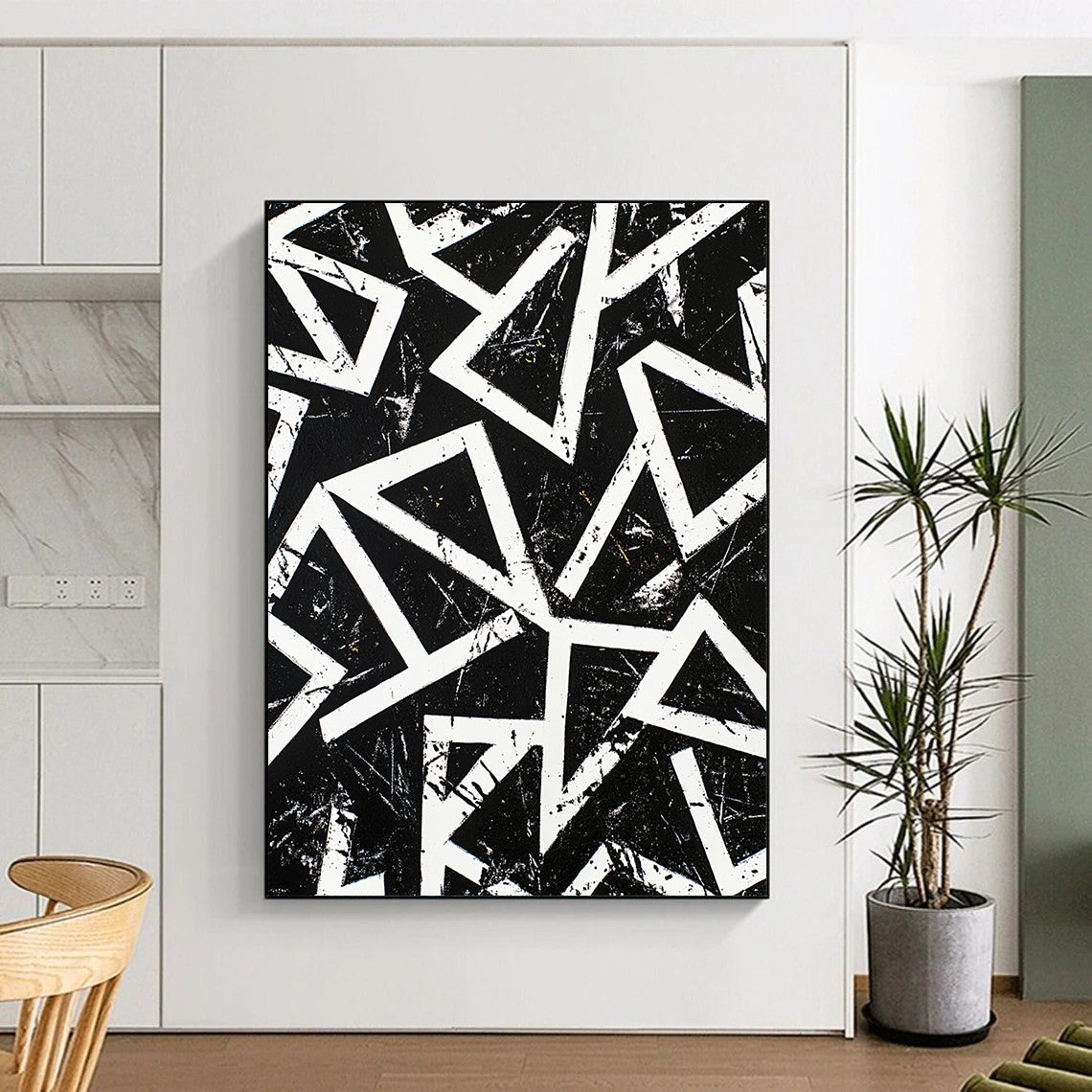 Black, White, Geometric Triangles "Monochrome Maze" Abstract Op - Art Painting On Canvas HB108