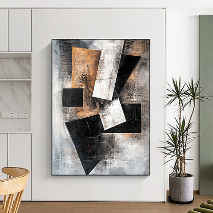 Gray, Black, White, Brown, Geometric Shapes "Industrial Puzzle" Abstract Cubist - Inspired Painting On Canvas HB059