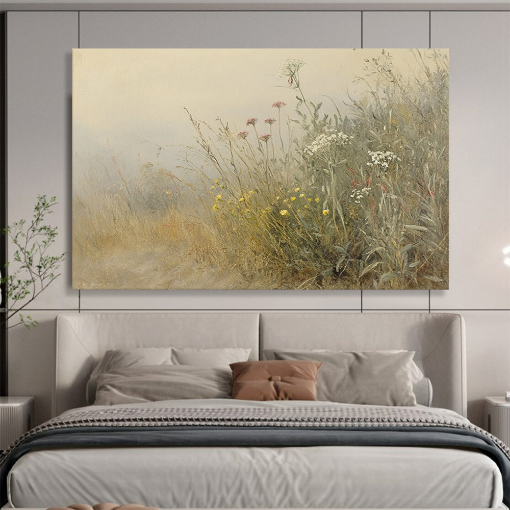 “Misty Meadow Wildflowers” - Beige, Gray, Pink, Yellow, White, Hazy Field of Flowers - Impressionistic Oil Painting HB1772