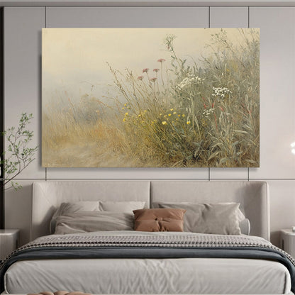 “Misty Meadow Wildflowers” - Beige, Gray, Pink, Yellow, White, Hazy Field of Flowers - Impressionistic Oil Painting HB1772