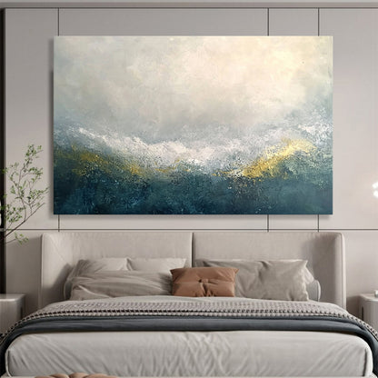 “Mystic Gray - Gold Horizons” - Gray, White, Gold, Abstract Misty Mountain Ranges Painting On Canvas HB1019