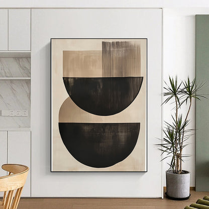 Contemporary large abstract painting featuring elegant black and beige semi-circles on a soothing neutral background, perfect for enhancing any space. DLZ1455