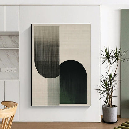 Contemporary abstract artwork featuring overlapping shapes in the form of an F, with neutral tones and green accents, showcasing visible brush strokes. DLZ1622