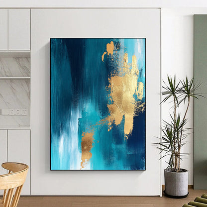 Contemporary abstract artwork featuring vibrant blue and gold foil accents against a rich teal background perfect for modern decor. DLZ0342