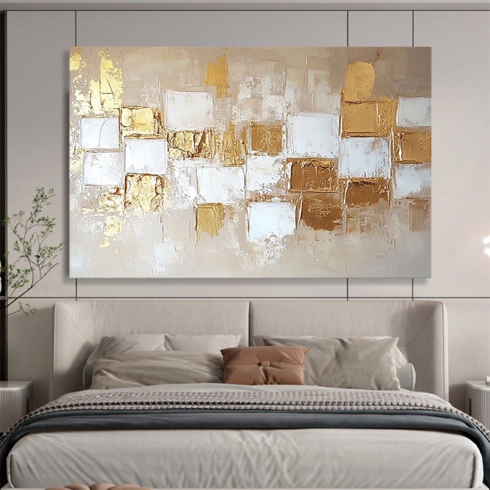 “Gold and Beige Geometric Abstract” - Gold, Beige, Geometric Textured Shapes Painting On Canvas HB0885