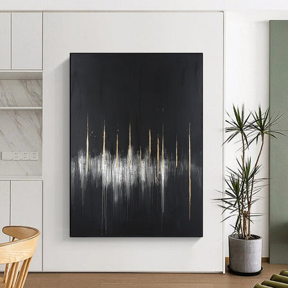 Black, Gold, White, Vertical Drips "Gilded Rain" Abstract Minimalist Painting On Canvas HB085