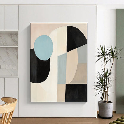 Contemporary abstract painting featuring large black white and beige shapes with a blue circle on a light pink background in soft minimalist style. DLZ1040