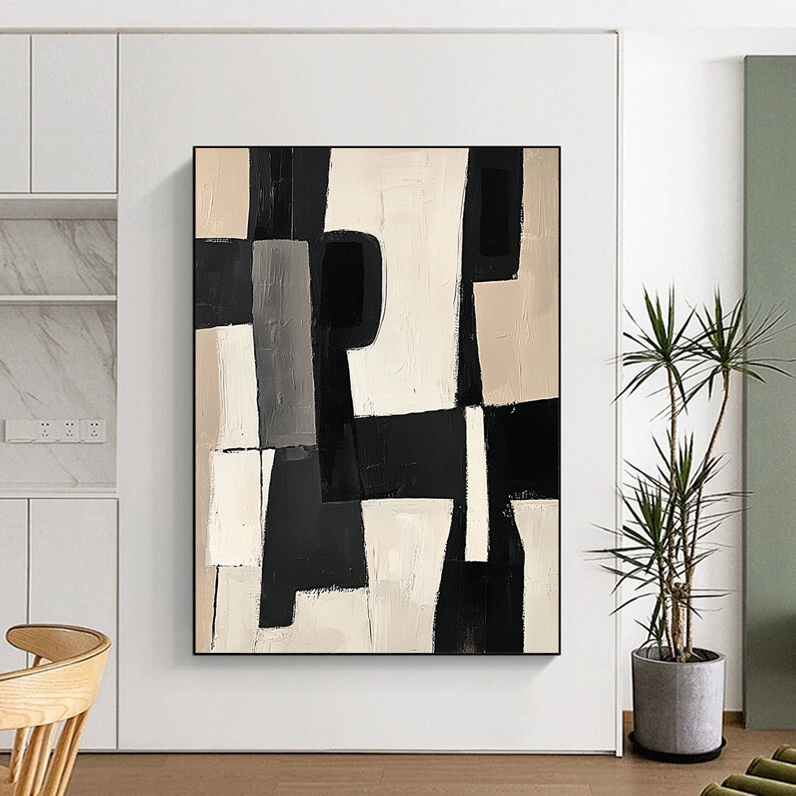 Large contemporary hand-painted abstract artwork featuring black and white shapes with bold brush strokes on a beige background in a modern cubist style. DLZ1409